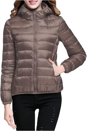 Womens Lightweight Down Jacket Duck Winter Puffer Coats Zipper Hooded Packable Waterproof Warm Winter Outerwear