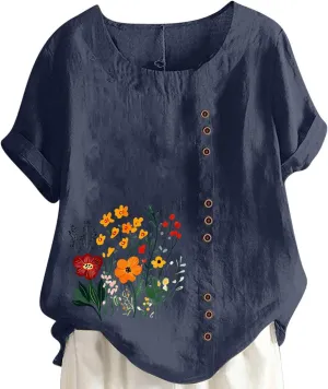 Women's Linen Button Down Shirts Plus Size Tops Floral Print Summer Blouses Comfy Casual Tunic Tops Loose Fit Tshirts