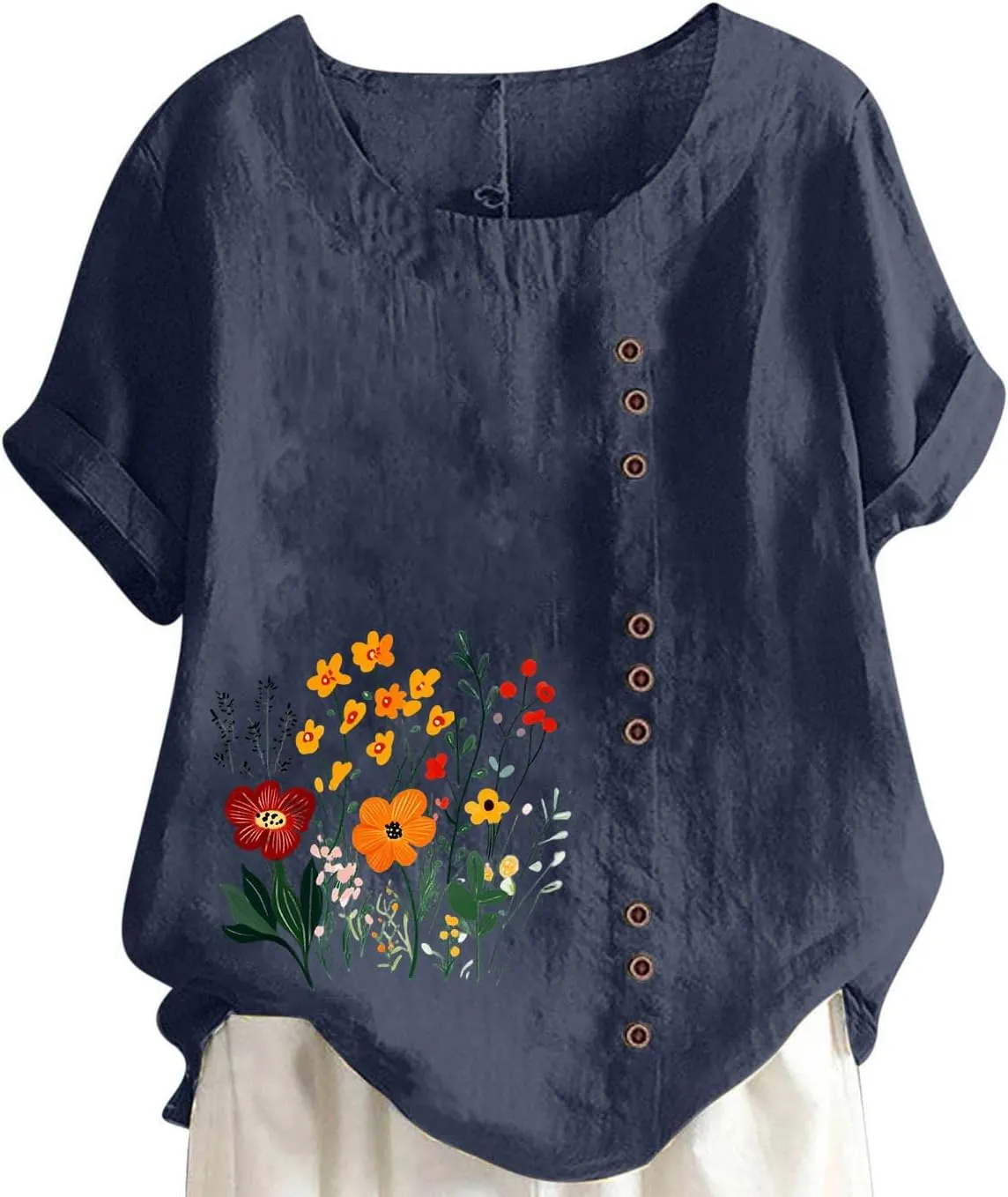 Women's Linen Button Down Shirts Plus Size Tops Floral Print Summer Blouses Comfy Casual Tunic Tops Loose Fit Tshirts