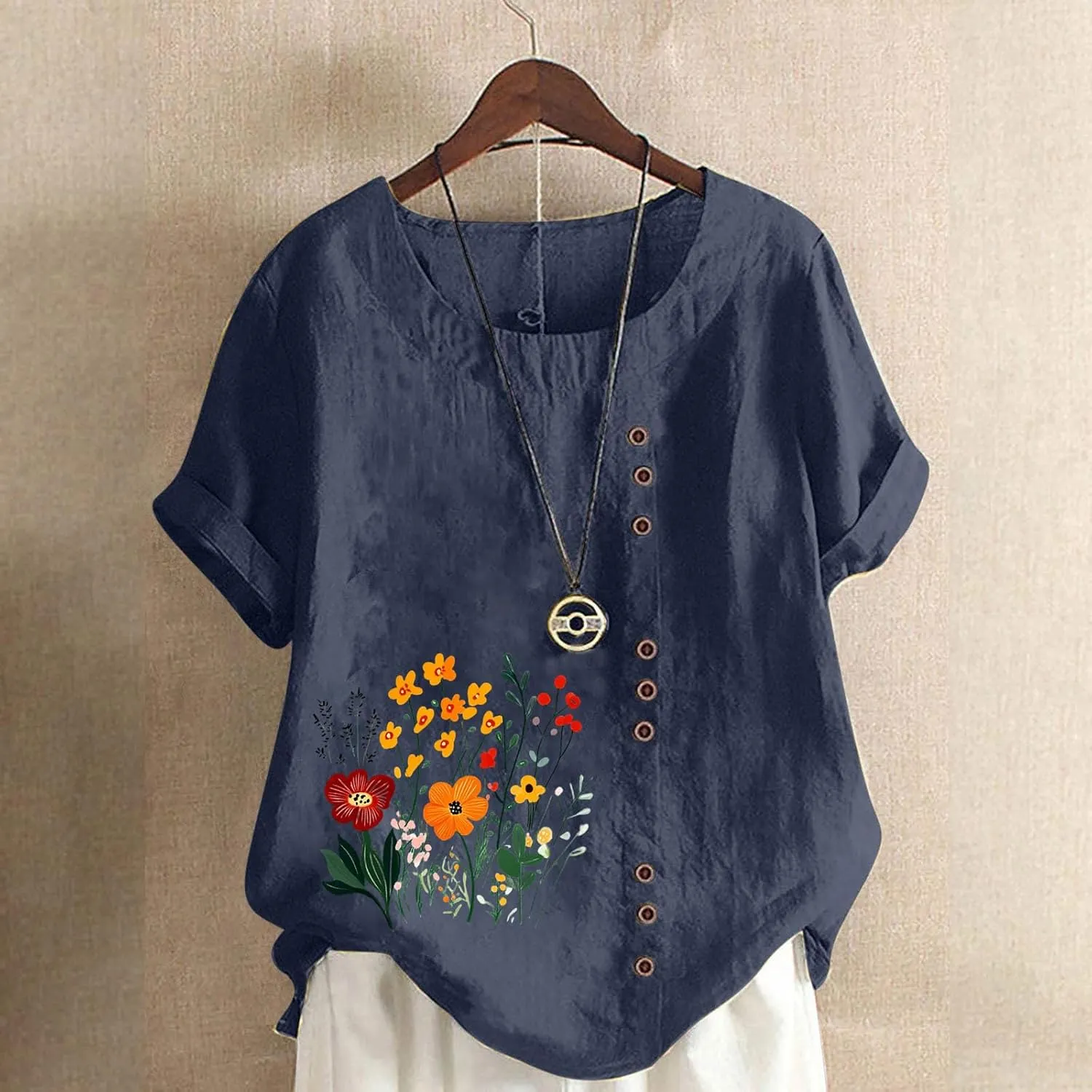 Women's Linen Button Down Shirts Plus Size Tops Floral Print Summer Blouses Comfy Casual Tunic Tops Loose Fit Tshirts