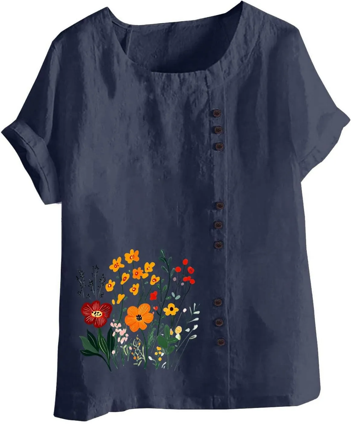 Women's Linen Button Down Shirts Plus Size Tops Floral Print Summer Blouses Comfy Casual Tunic Tops Loose Fit Tshirts