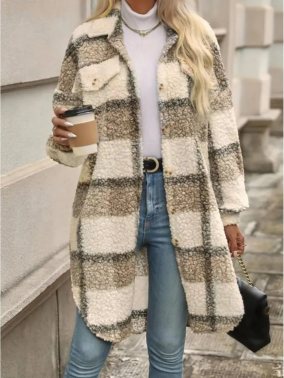 Women's Long Flannel Plaid Jacket Shacket Lightweight Button Down Fuzzy Fleece Shirts Trendy Sherpa Trench Coat