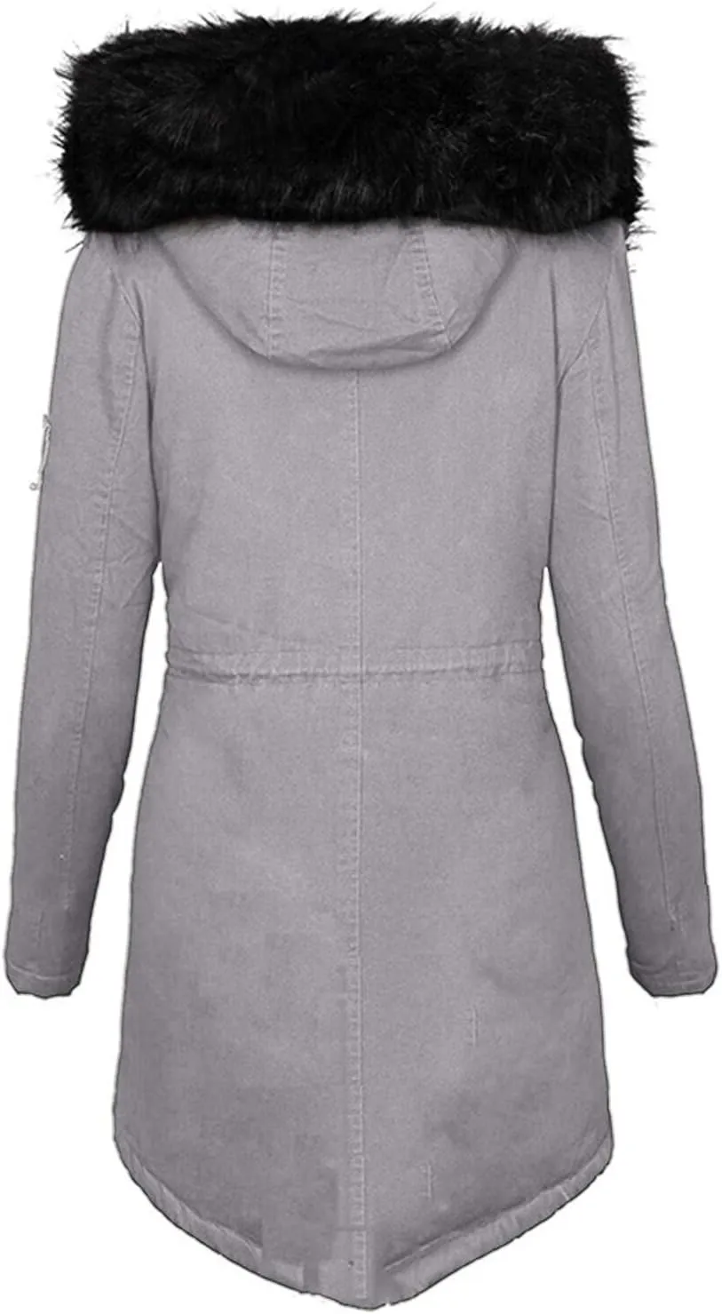 Womens Long Puffer Coat Jackets Fleece Lined Coats Ladies Padded Thermal Overcoat with Faux Hooded Hooded Parka