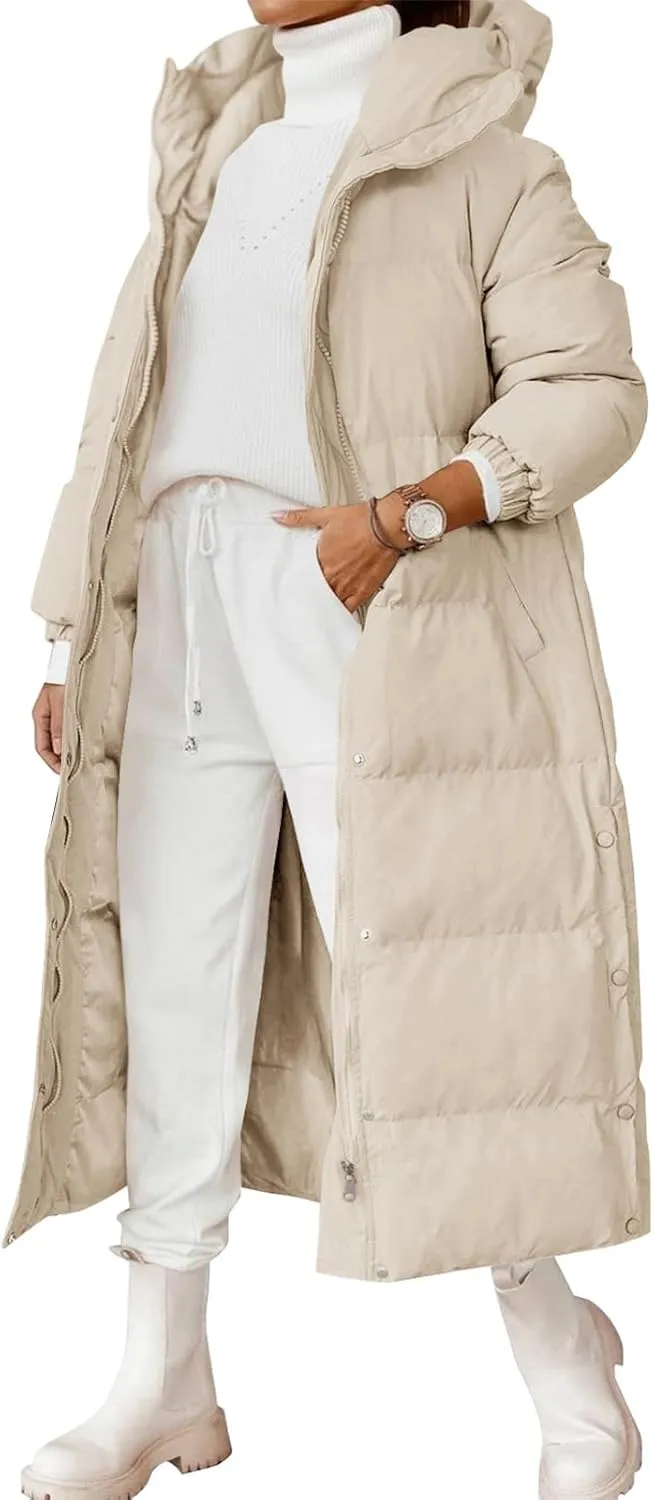 Womens Long Puffer Jackets Fashion Trench Coat 2024 Thickened Coat Hooded Deep Pockets Ladies Warm Winter Jacket