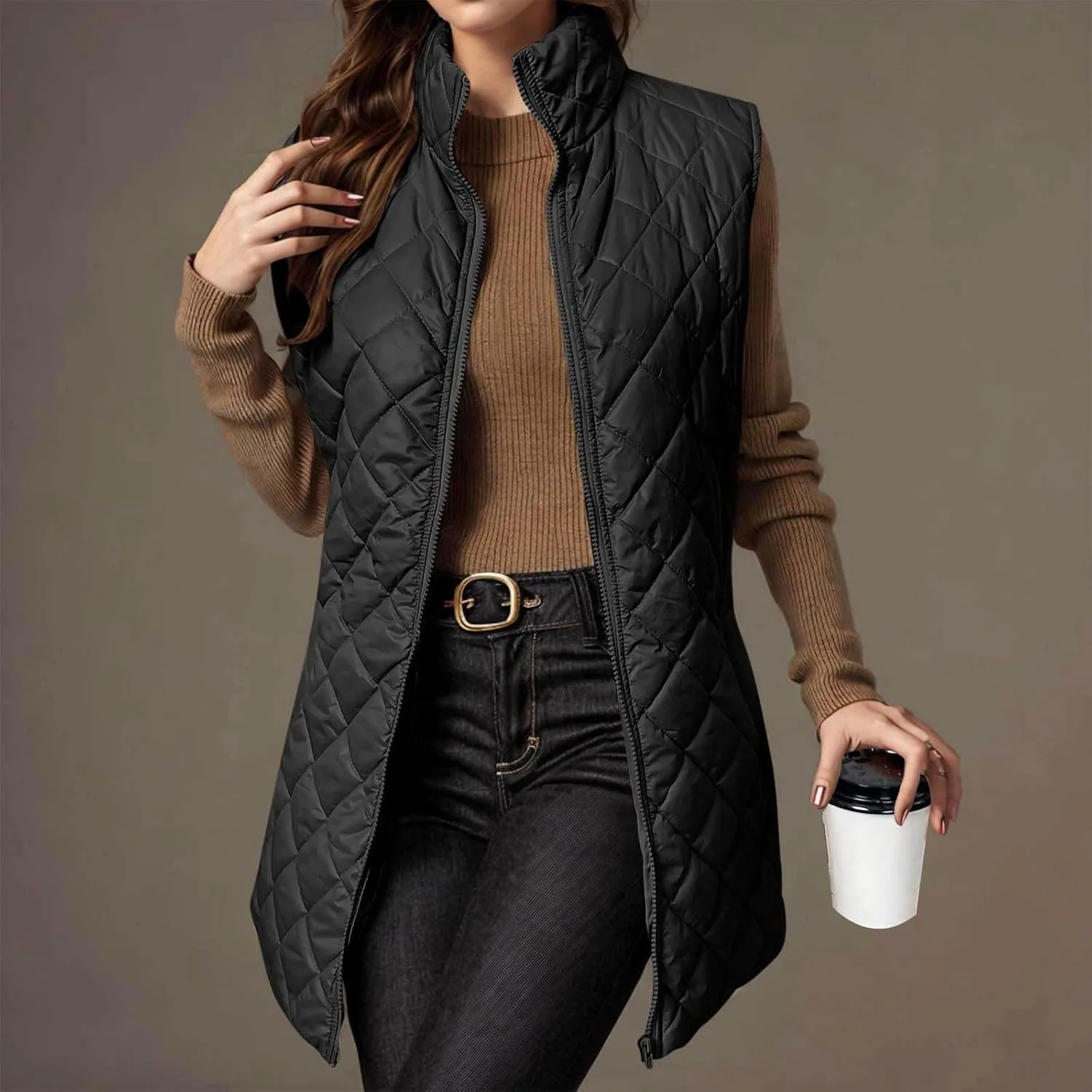Womens Long Puffer Vest 2024 Sleeveless Zip Up Vest Long Winter Vest Quilted Down Coat Lightweight Trendy Vest Jacket