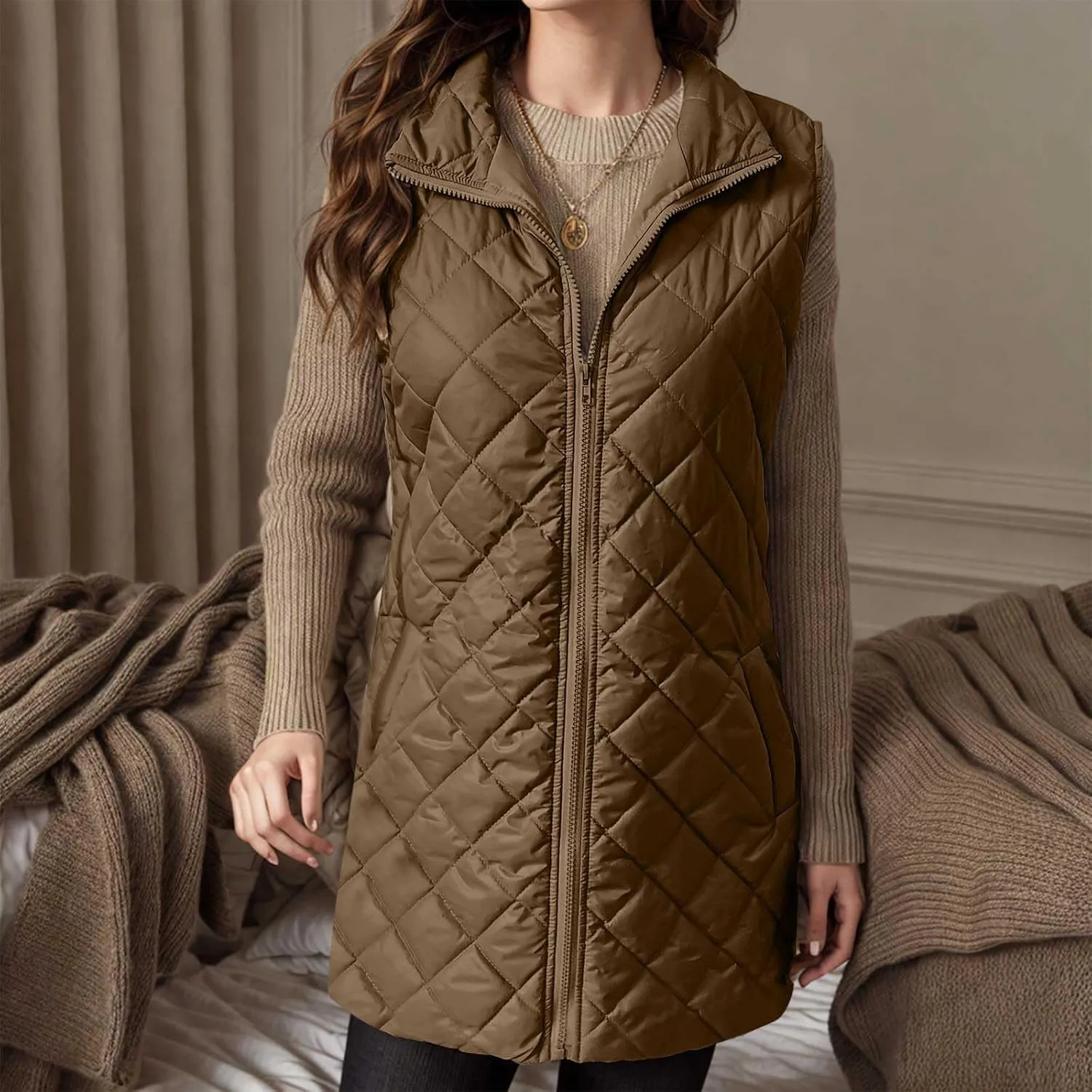 Womens Long Puffer Vest 2024 Sleeveless Zip Up Vest Long Winter Vest Quilted Down Coat Lightweight Trendy Vest Jacket