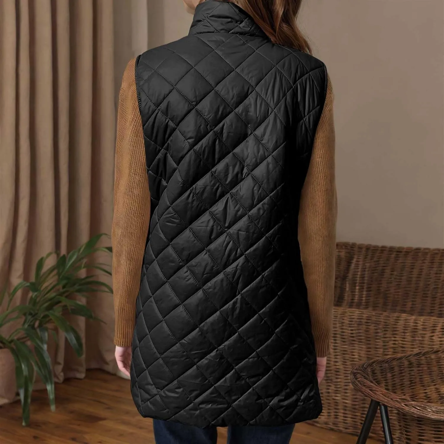 Womens Long Puffer Vest 2024 Sleeveless Zip Up Vest Long Winter Vest Quilted Down Coat Lightweight Trendy Vest Jacket