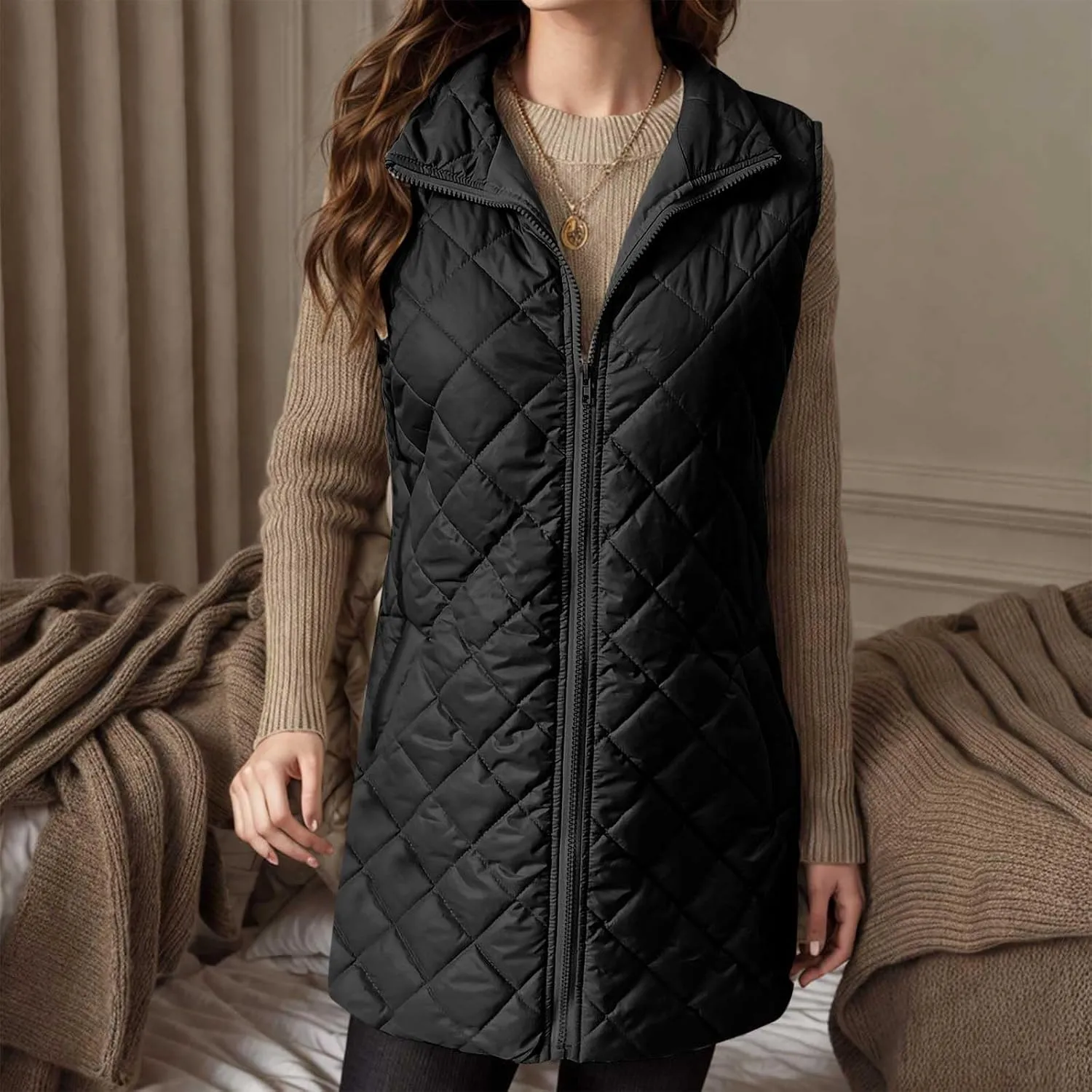Womens Long Puffer Vest 2024 Sleeveless Zip Up Vest Long Winter Vest Quilted Down Coat Lightweight Trendy Vest Jacket