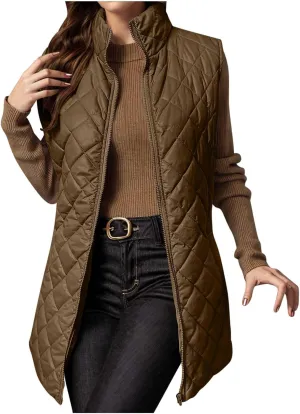 Womens Long Puffer Vest 2024 Sleeveless Zip Up Vest Long Winter Vest Quilted Down Coat Lightweight Trendy Vest Jacket