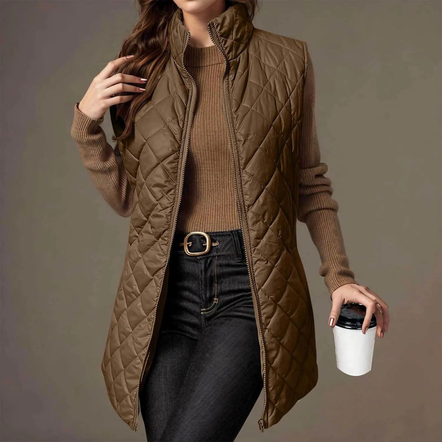 Womens Long Puffer Vest 2024 Sleeveless Zip Up Vest Long Winter Vest Quilted Down Coat Lightweight Trendy Vest Jacket