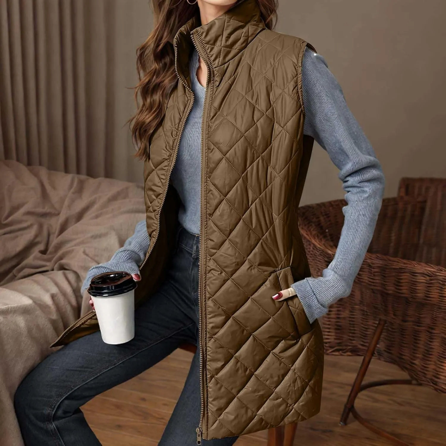 Womens Long Puffer Vest 2024 Sleeveless Zip Up Vest Long Winter Vest Quilted Down Coat Lightweight Trendy Vest Jacket