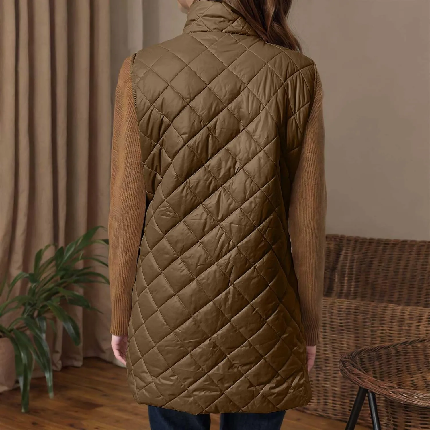 Womens Long Puffer Vest 2024 Sleeveless Zip Up Vest Long Winter Vest Quilted Down Coat Lightweight Trendy Vest Jacket