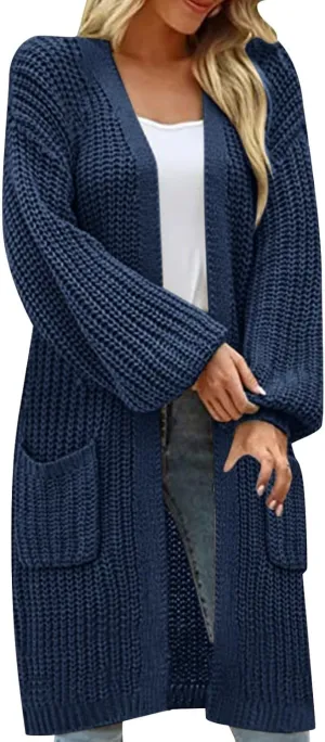 Womens Long Sleeve Cable Knit Long Cardigan Open Front Button Sweater Outerwear 2023 Fall Winter Flowy Soft Outerwear