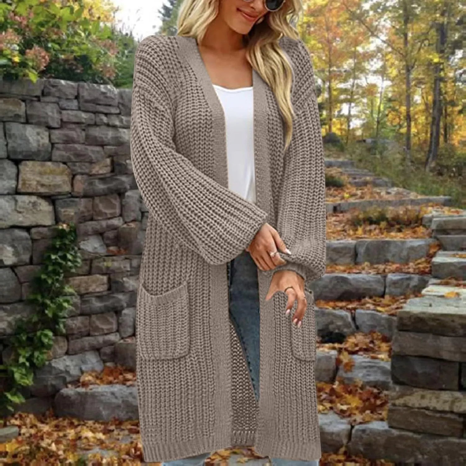 Womens Long Sleeve Cable Knit Long Cardigan Open Front Button Sweater Outerwear 2023 Fall Winter Flowy Soft Outerwear