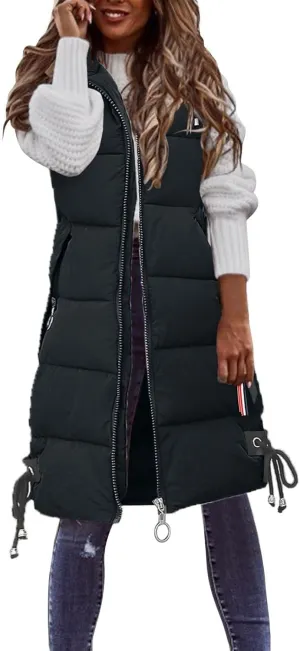 Women's Long Vest Sleeveless Lightweight Puffer Jacket Packable Hooded Down Coat Quilted Vest with Hood Winter