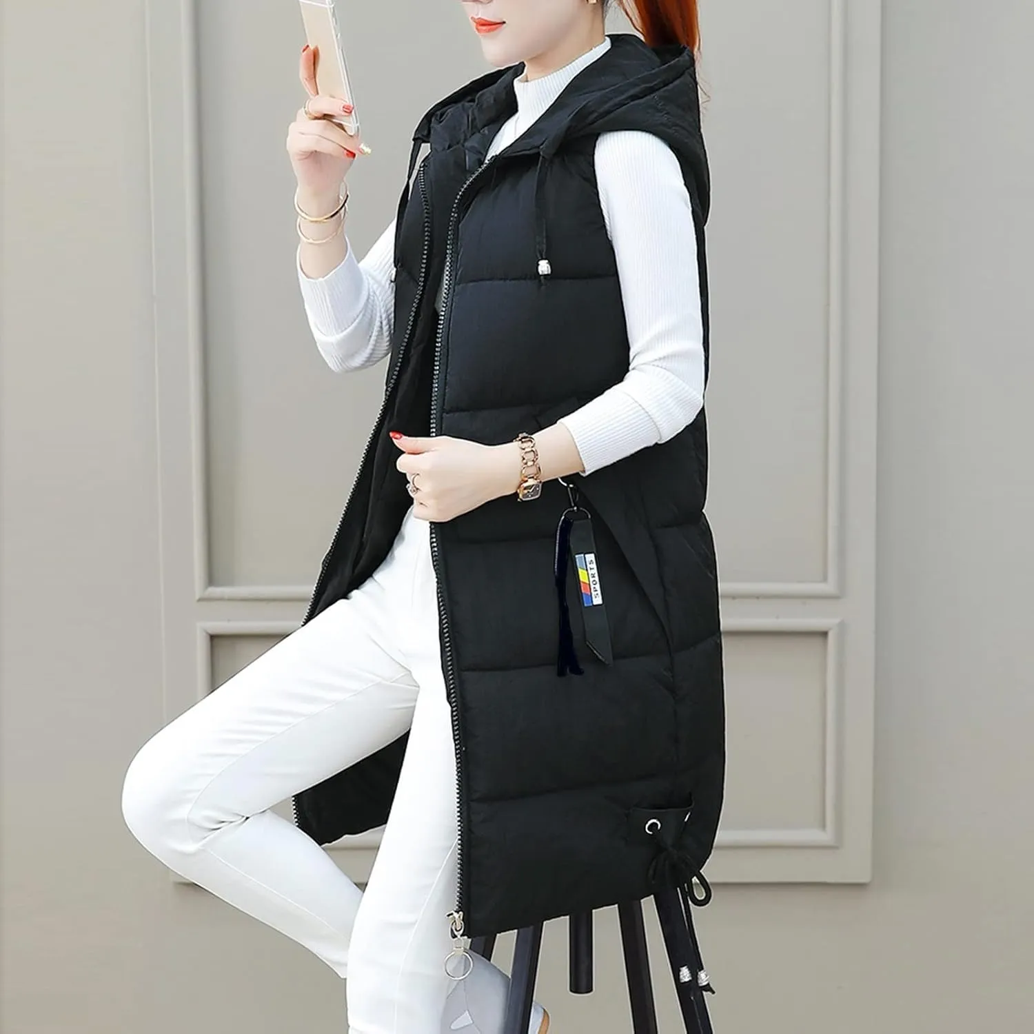 Women's Long Vest Sleeveless Lightweight Puffer Jacket Packable Hooded Down Coat Quilted Vest with Hood Winter
