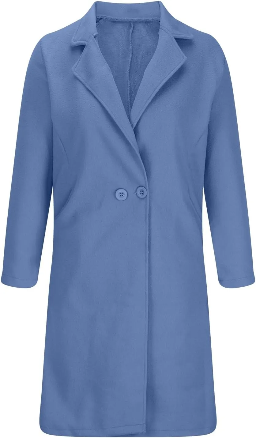 Women's Notch Lapel Wool Blend Mid Long Pea Coat One Button Trench Coat Business Work Office Winter Jacket Overcoat