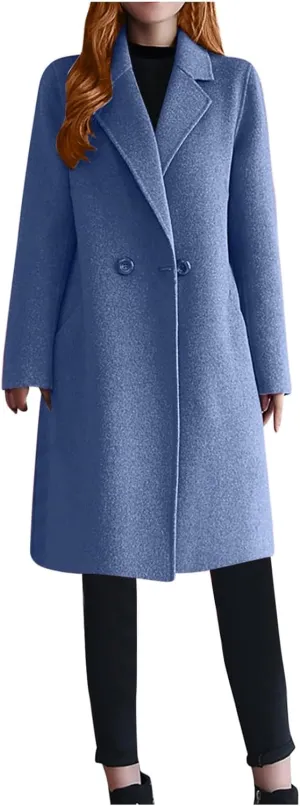 Women's Notch Lapel Wool Blend Mid Long Pea Coat One Button Trench Coat Business Work Office Winter Jacket Overcoat