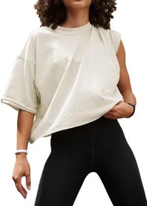 Women's Oversized Crop Tops Roll Hem Half Sleeve T-Shirts Drop Shoulder Casual Summer Tops