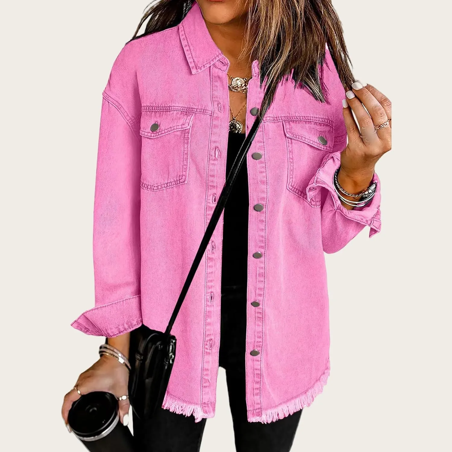 Women's Oversized Denim Jacket Casual Long Boyfriend Distressed Jean Jacket Long Sleeve Button Up Frayed Hem Shacket