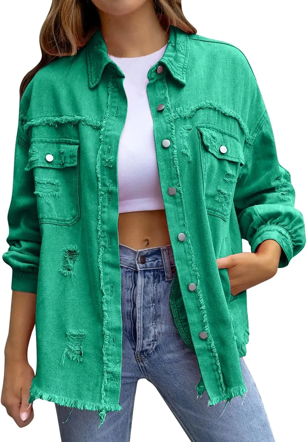 Women's Oversized Ripped Denim Jacket Button Down Boyfriend Jean Coat Casual Long Shacket Trucker Jacket Autumn