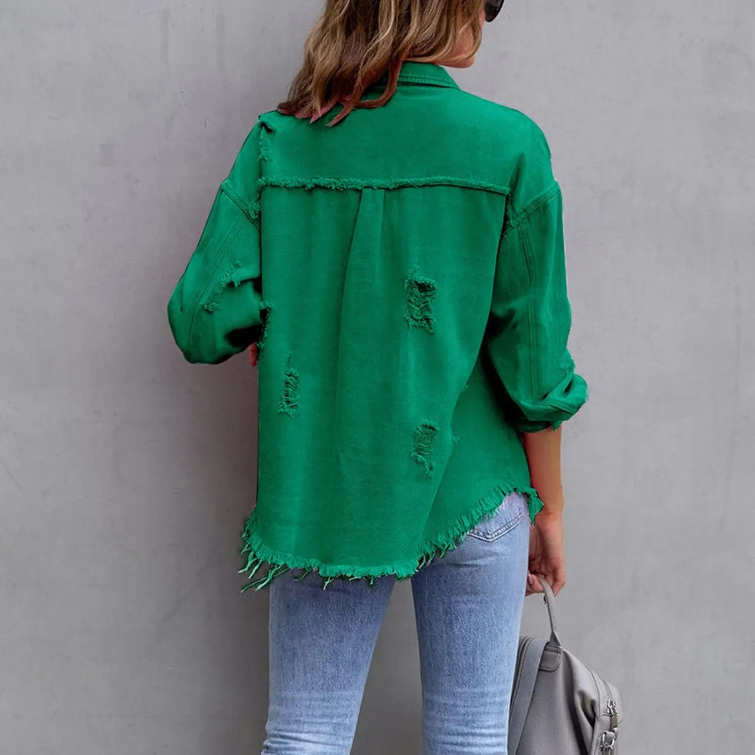 Women's Oversized Ripped Denim Jacket Button Down Boyfriend Jean Coat Casual Long Shacket Trucker Jacket Autumn