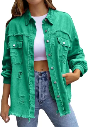 Women's Oversized Ripped Denim Jacket Button Down Boyfriend Jean Coat Casual Long Shacket Trucker Jacket Autumn