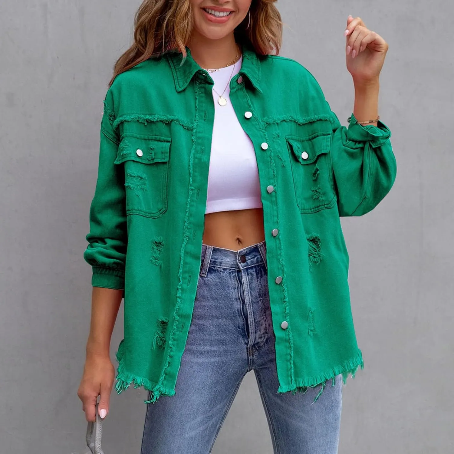 Women's Oversized Ripped Denim Jacket Button Down Boyfriend Jean Coat Casual Long Shacket Trucker Jacket Autumn