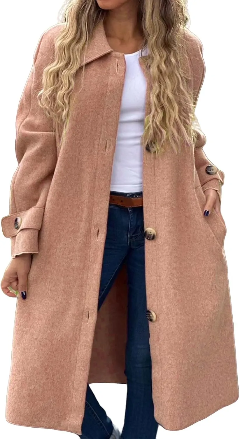 Womens Pea Coat Wool Blend Long Trench Coat Single Breasted Lapel Collar Peacoat Fall Winter Elegant Outerwear