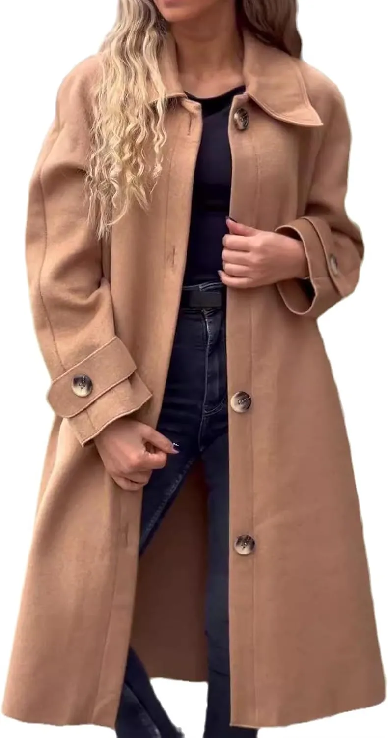 Womens Pea Coat Wool Blend Long Trench Coat Single Breasted Lapel Collar Peacoat Fall Winter Elegant Outerwear