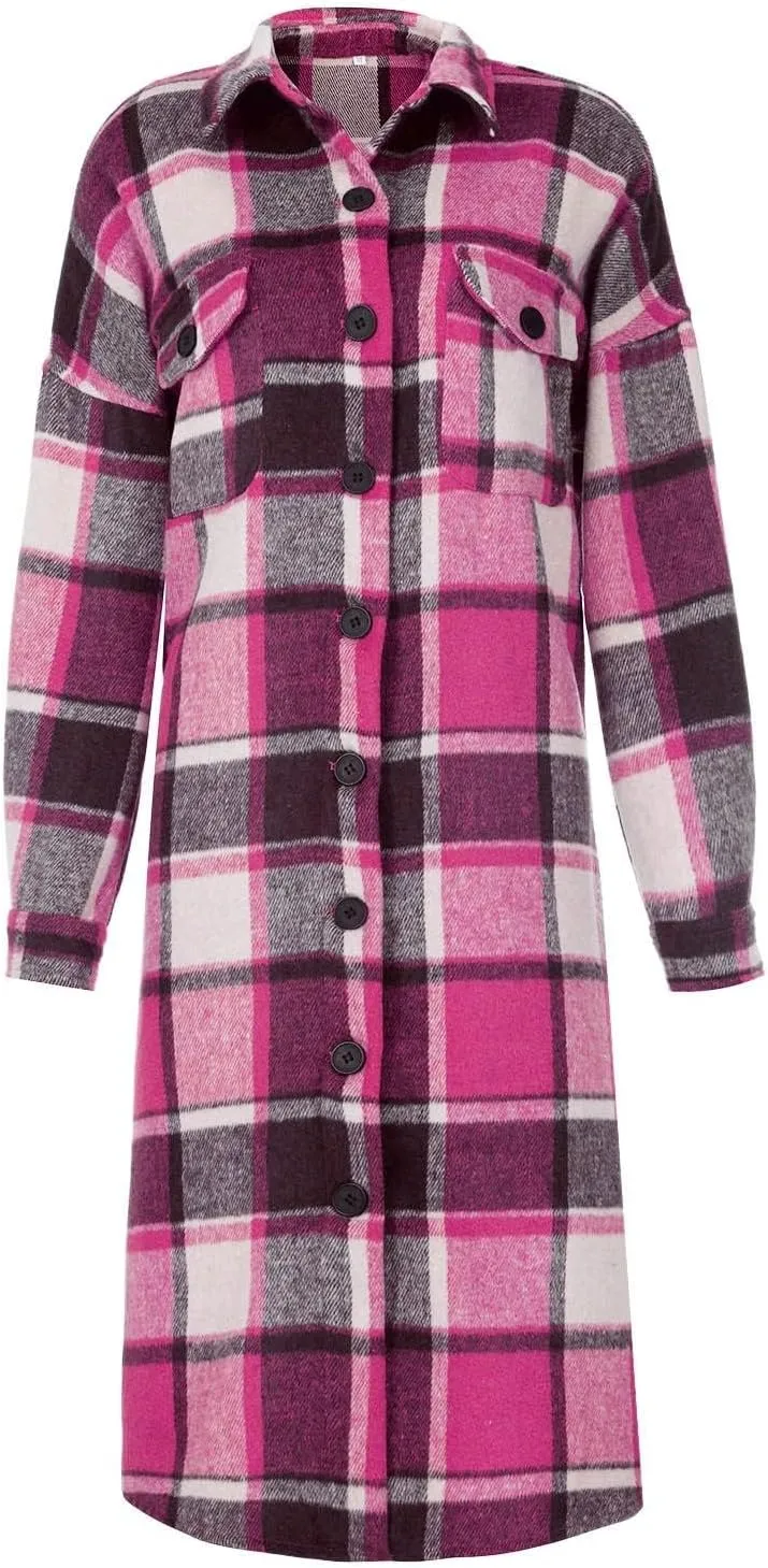 Womens Plaid Long Jacket Flannel Lapel Button Down Shirts Oversize Tartan Shacket Jacket Casual Fleece Trench Coats