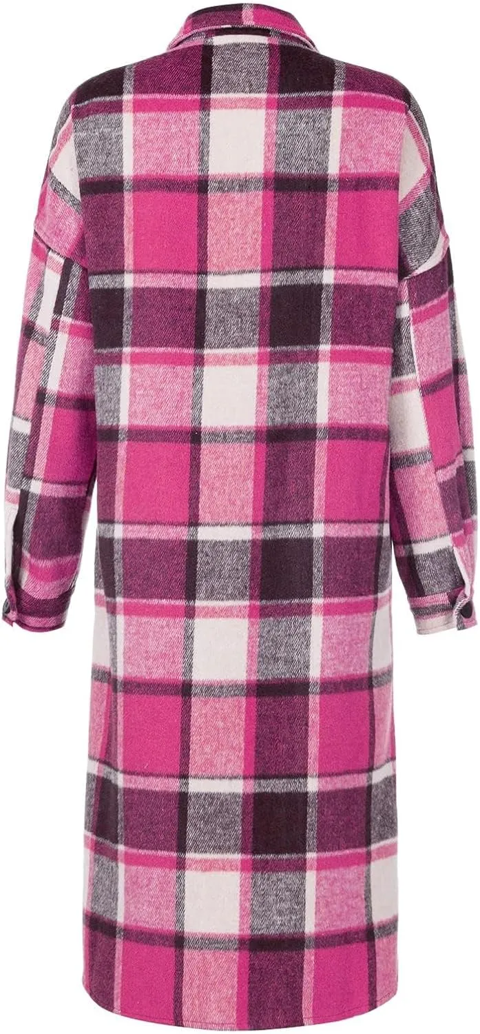 Womens Plaid Long Jacket Flannel Lapel Button Down Shirts Oversize Tartan Shacket Jacket Casual Fleece Trench Coats
