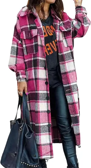 Womens Plaid Long Jacket Flannel Lapel Button Down Shirts Oversize Tartan Shacket Jacket Casual Fleece Trench Coats