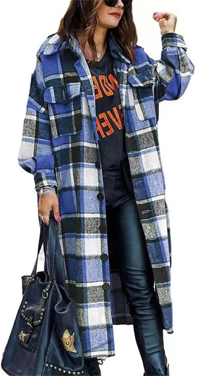 Women's Plaid Shacket Jacket Long Sleeve Flannel Long Shirt Coat Lapel Button Up Lounge Tartan Outerwear with Pockets