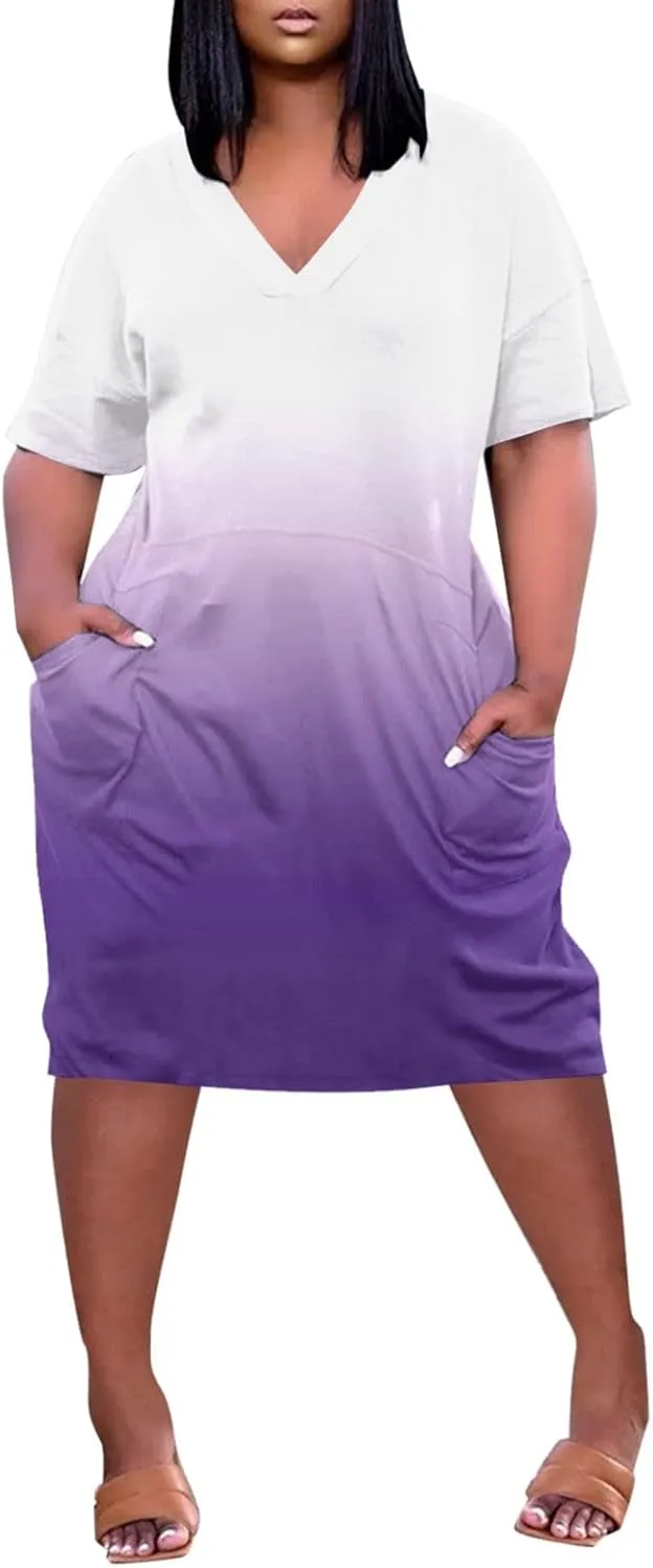 Women's Plus Size Dresses Short Sleeve V Neck Midi Beach Vacation Casual Dress with Pockets for Curvy Women