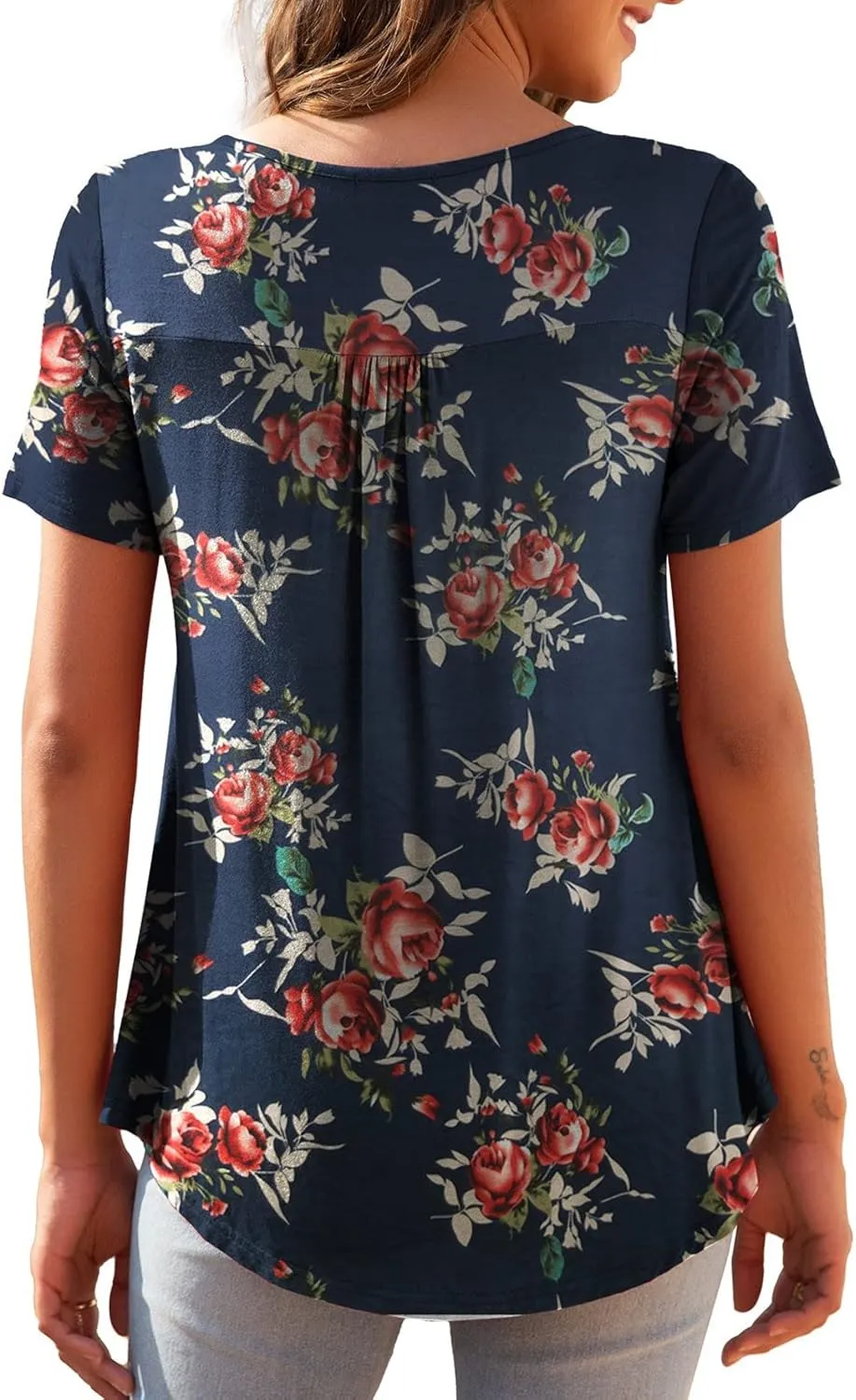 Womens Plus Size Tunic Tops Short Sleeve Casual Floral Henley Shirts