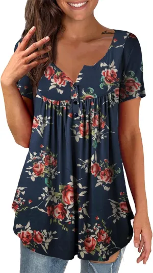 Womens Plus Size Tunic Tops Short Sleeve Casual Floral Henley Shirts