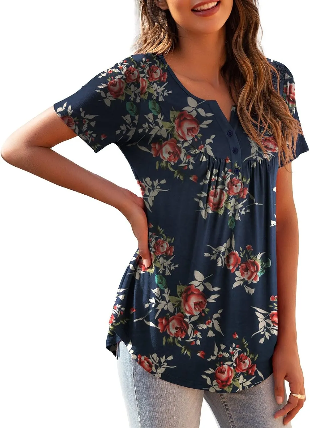 Womens Plus Size Tunic Tops Short Sleeve Casual Floral Henley Shirts