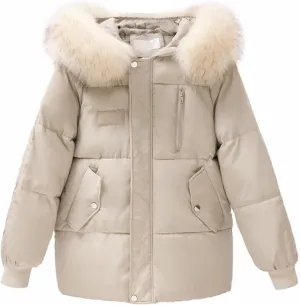 Women's Puffer Jackets Warm Zip Up Thickened Down Jacket Quilted Parkas Faux Fur Hood Casual Outerwear with Pockets