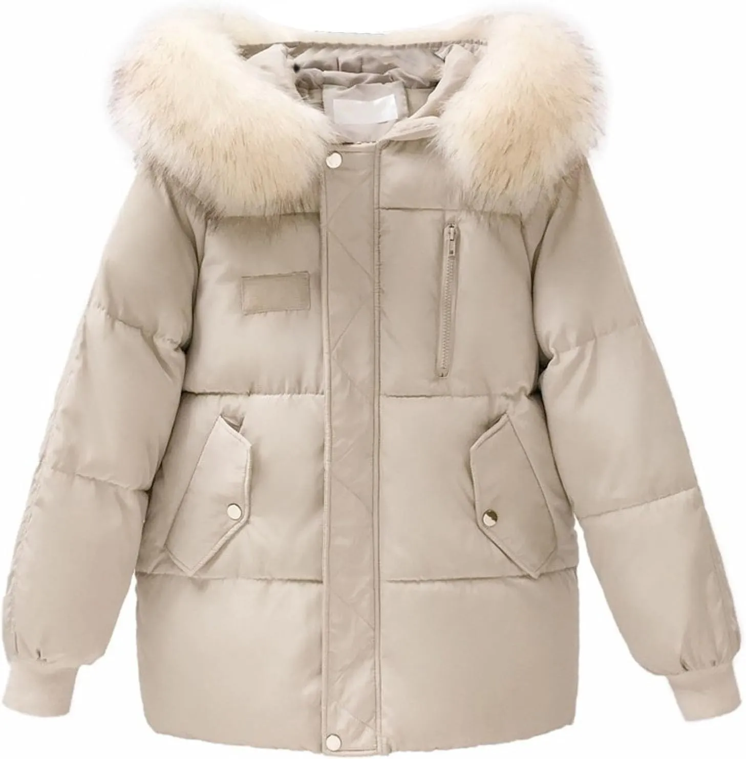 Women's Puffer Jackets Warm Zip Up Thickened Down Jacket Quilted Parkas Faux Fur Hood Casual Outerwear with Pockets