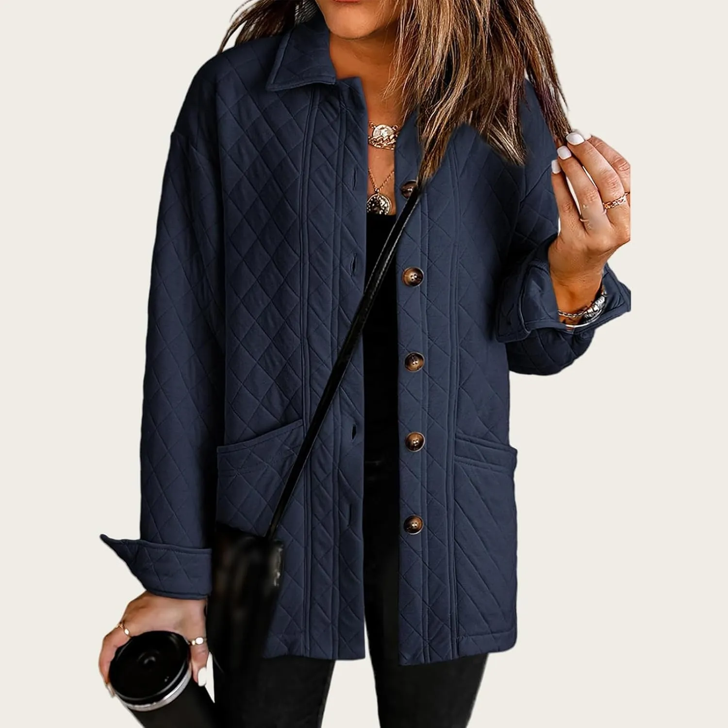 Womens Quilted Jackets Lightweight Button Down Collared Shirts Casual Long Sleeve Winter Coats Boyfriend Tops