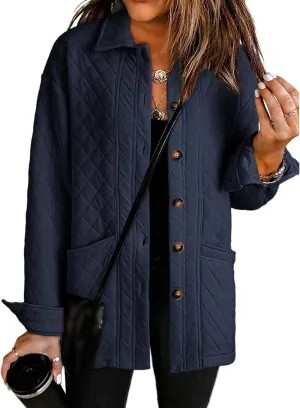 Womens Quilted Jackets Lightweight Button Down Collared Shirts Casual Long Sleeve Winter Coats Boyfriend Tops