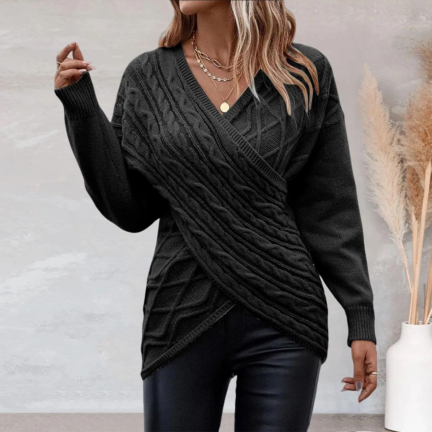 Womens Rib Knit Sweaters V-Neck Cross Chunky Sweaters Knitwear for Women Fall Winter Leisure Elegant Sweaters