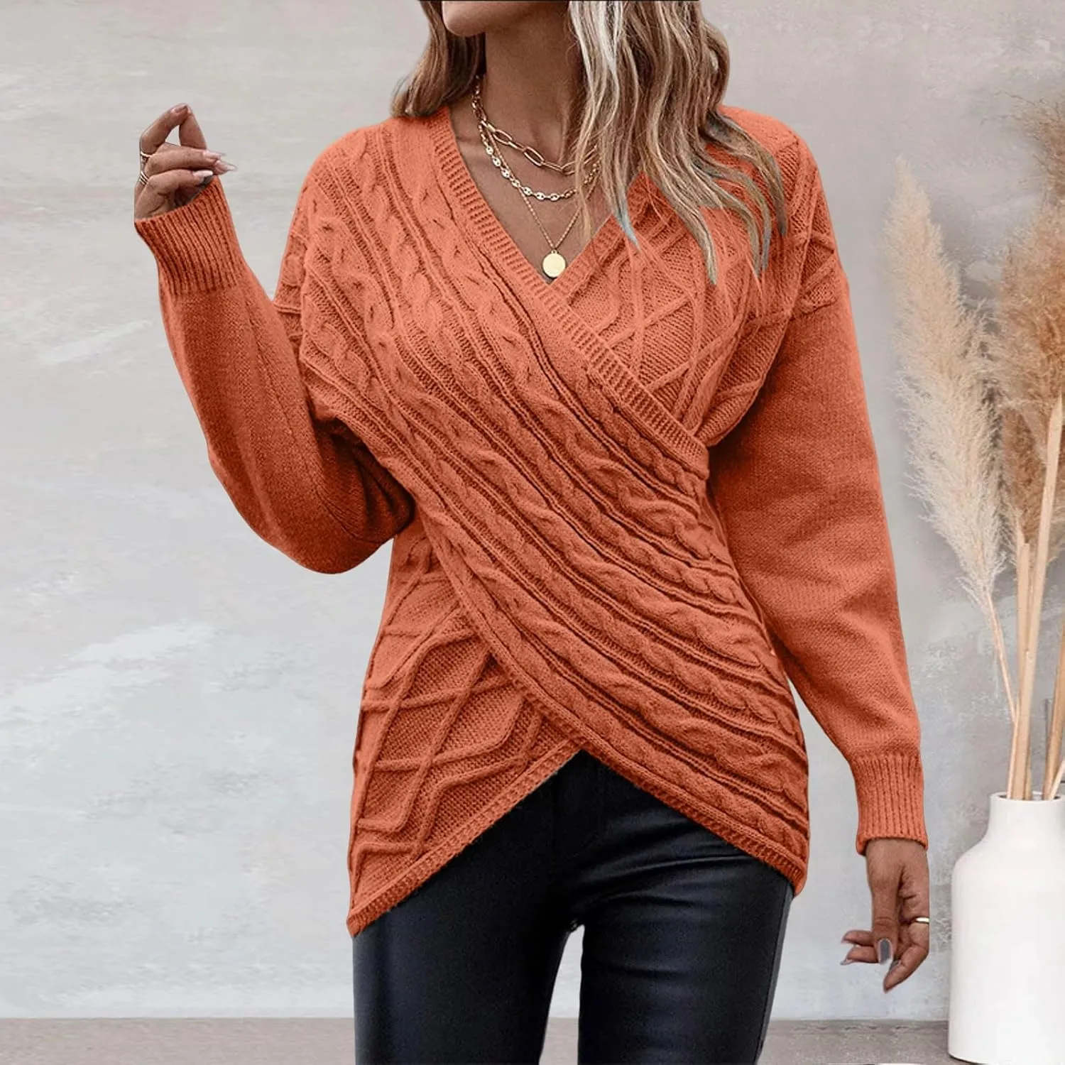 Womens Rib Knit Sweaters V-Neck Cross Chunky Sweaters Knitwear for Women Fall Winter Leisure Elegant Sweaters