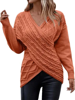 Womens Rib Knit Sweaters V-Neck Cross Chunky Sweaters Knitwear for Women Fall Winter Leisure Elegant Sweaters