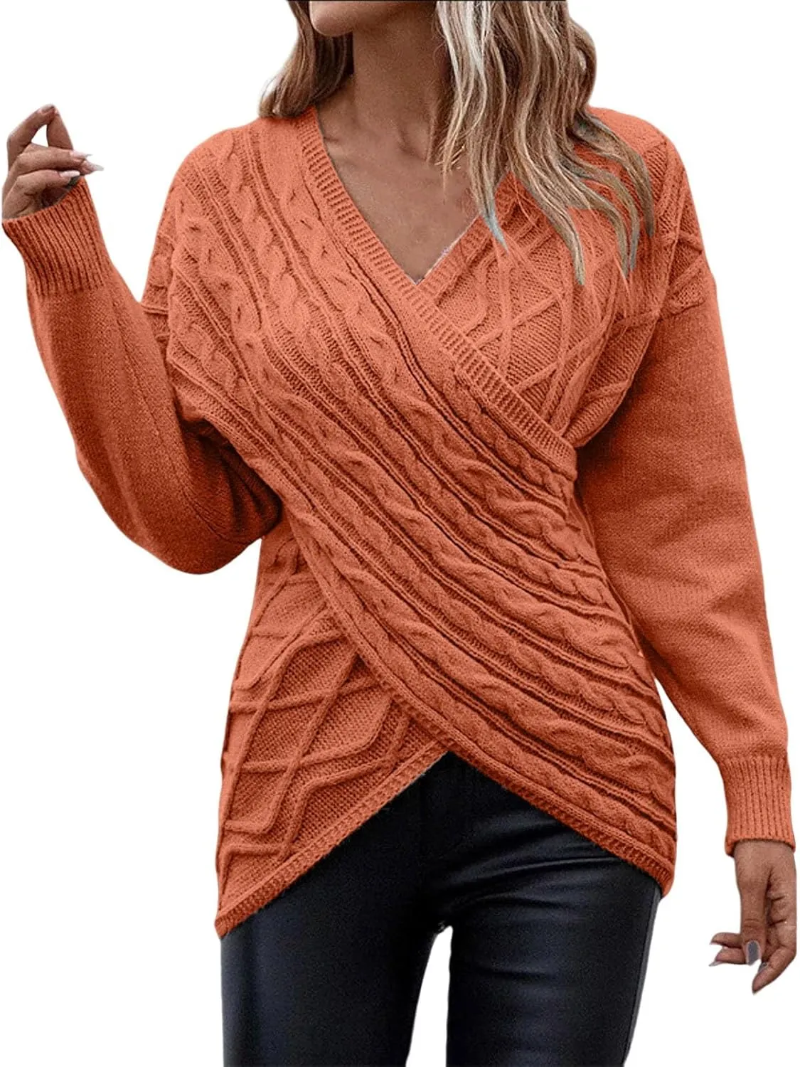 Womens Rib Knit Sweaters V-Neck Cross Chunky Sweaters Knitwear for Women Fall Winter Leisure Elegant Sweaters