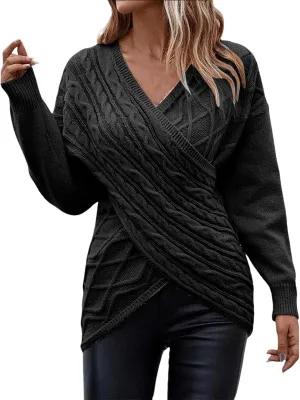 Womens Rib Knit Sweaters V-Neck Cross Chunky Sweaters Knitwear for Women Fall Winter Leisure Elegant Sweaters