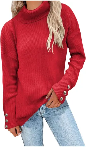 Women's Ribbed Knit Sweater Long Sleeve Turtleneck Trendy Sweaters Comfortable Loose Fit Sweaters