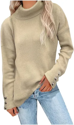 Women's Ribbed Knit Sweater Long Sleeve Turtleneck Trendy Sweaters Comfortable Loose Fit Sweaters