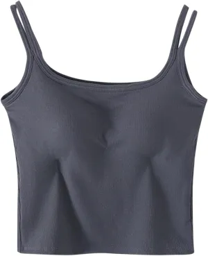 Womens Ribbed Longline Sports Bra U Neck Padded Yoga Cami Shirts Sleeveless Workout Crop Tank Top with Built in Pads